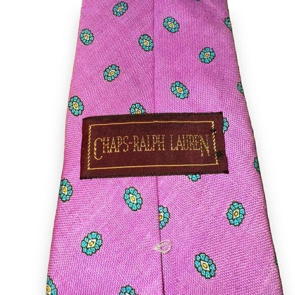 80s Chaps Ralph Lauren Pink & Green Silk & Linen Paisley Tie - Picture 3 of 6
